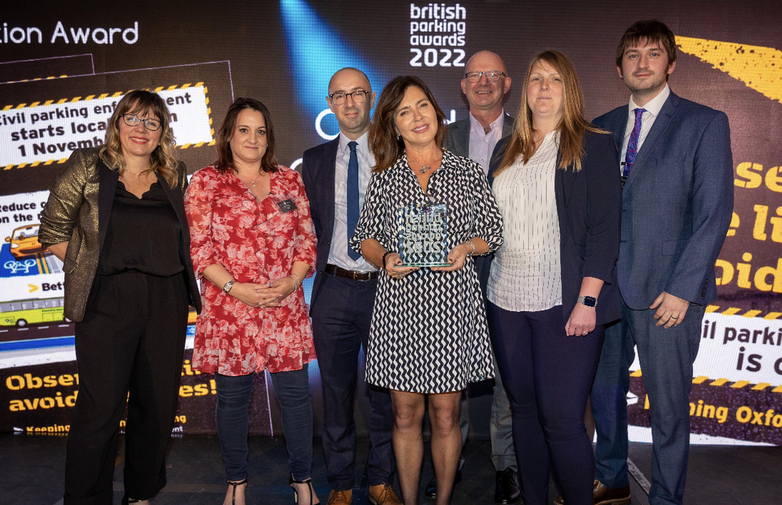 Kerry Godliman and Celina Herbert of ZatPark presented the award to Alan Whiting, Emma Liptrot, Keith Stenning, Vicki Neville and Phil Whitfield