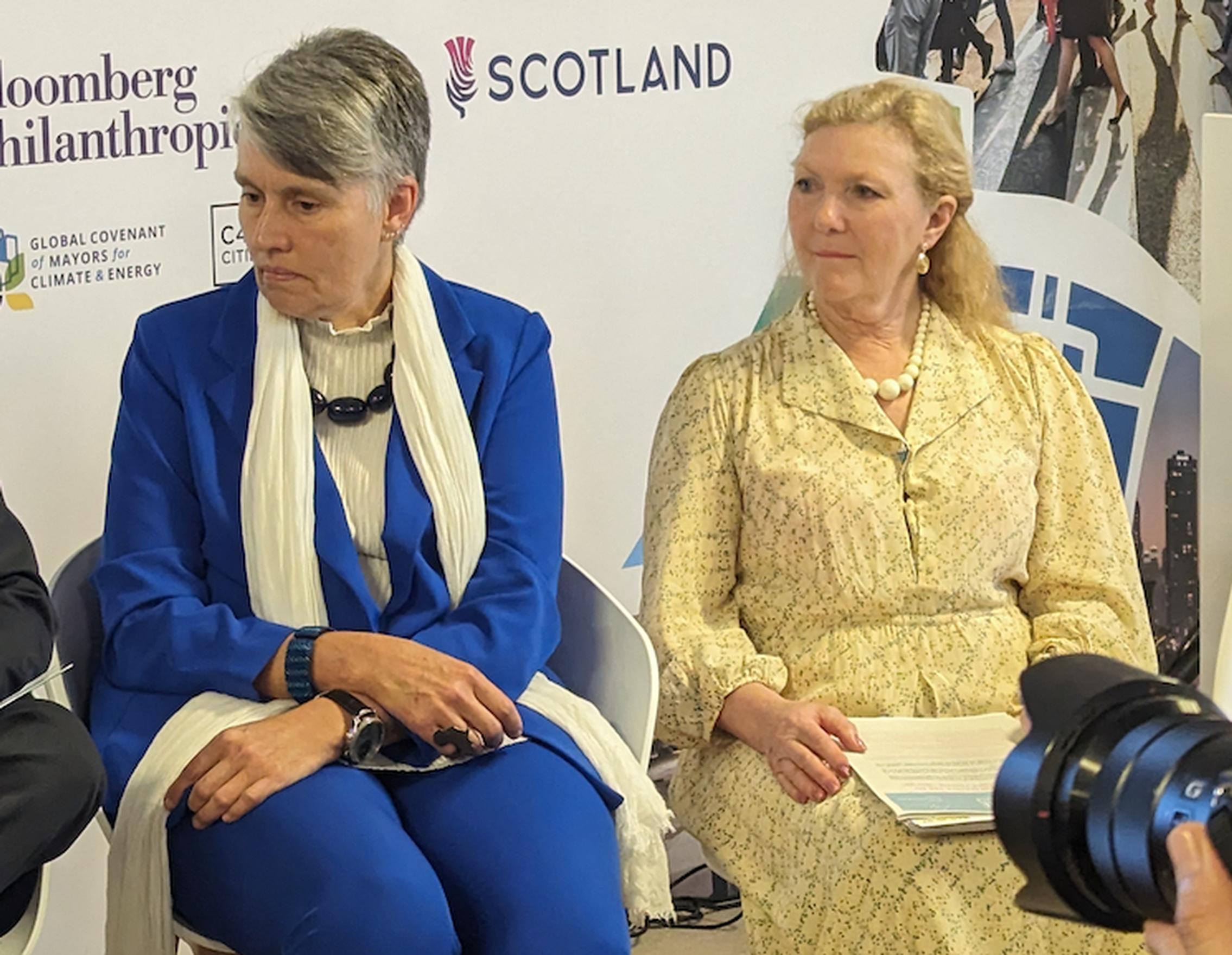 Debra Roberts, a co-chair of the Intergovernmental Panel on Climate Change (left) and Marianne Overton, an Independent councillor at Lincolnshire County Council discuss finance and policy at COP28