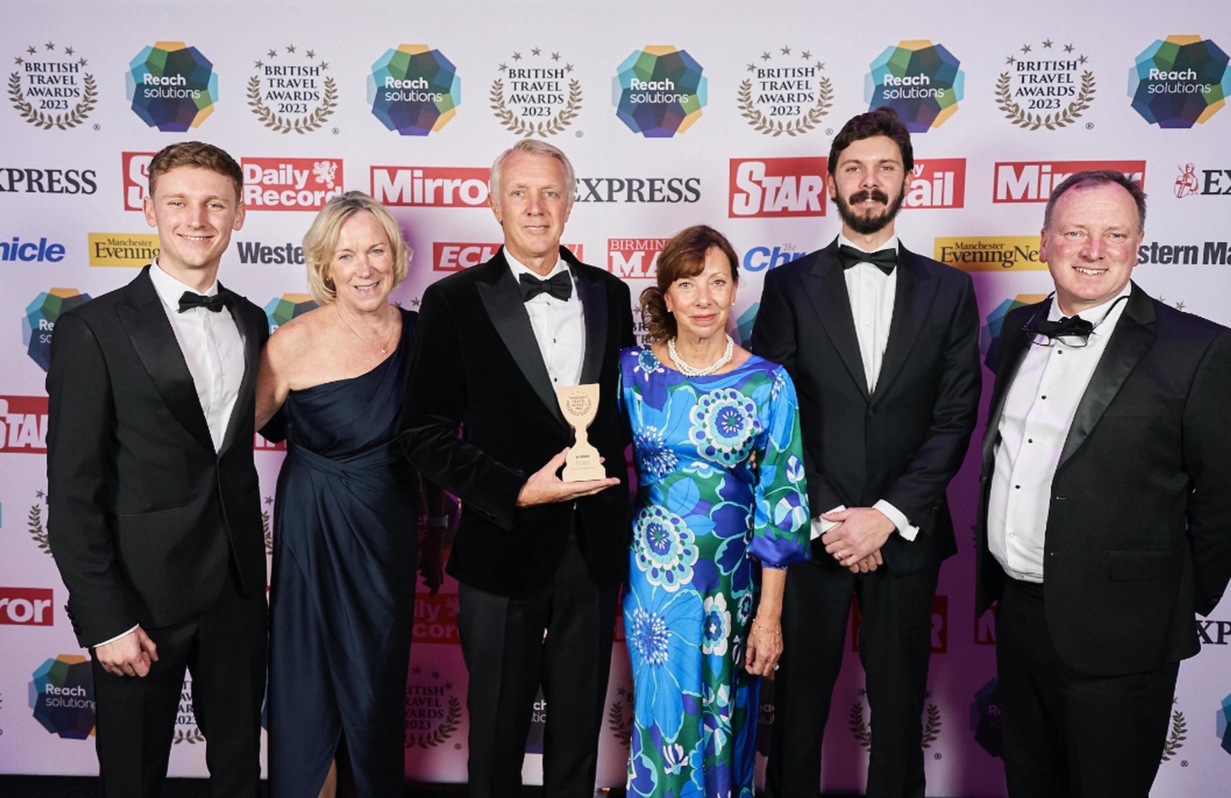 Freddie Caunter, Nicki Maden, Nick Caunter, Sarah Caunter, Harry Caunter, and Chris Voller from Airport Parking & Hotels (APH) win the award for ‘Best Company for Airport Parking’ for the 13th year running at the British Travel Awards 2023