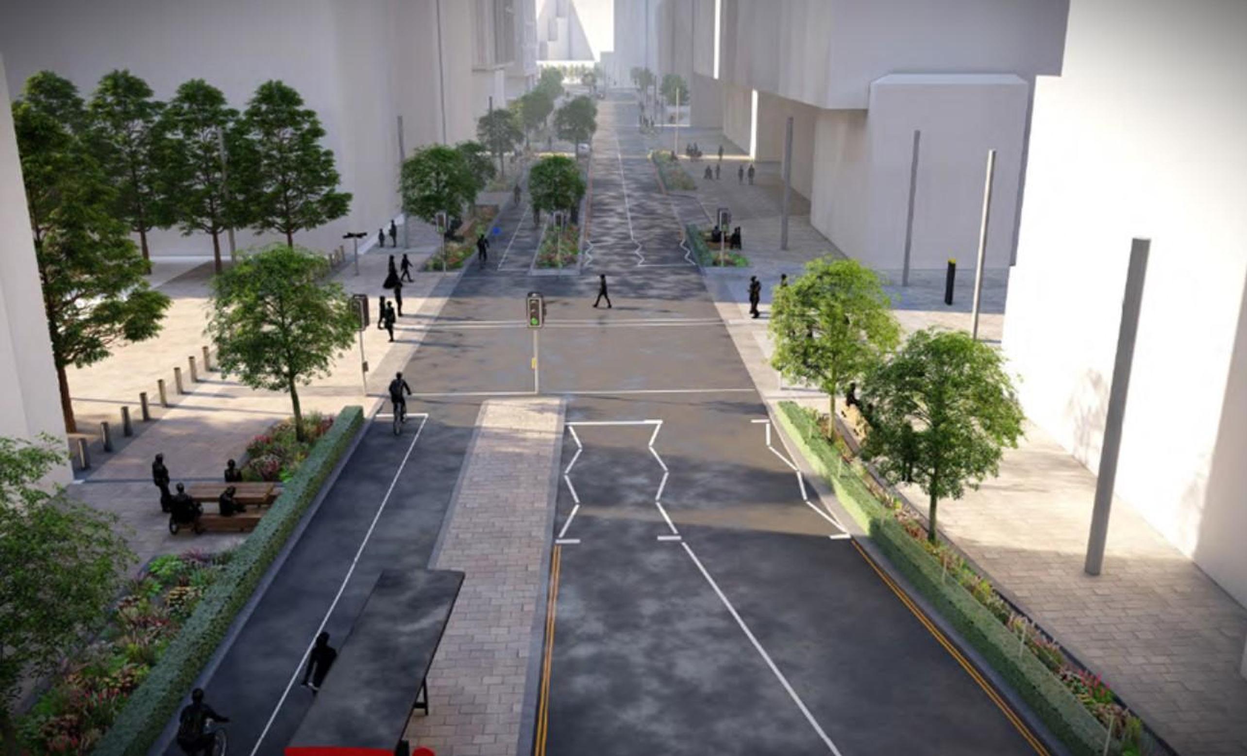The Westfield Avenue Public Realm Improvement scheme will feature wider pavements, a segregated cycle track, extra cycle stands, improvements to crossings, 60 new trees and 31 rain gardens