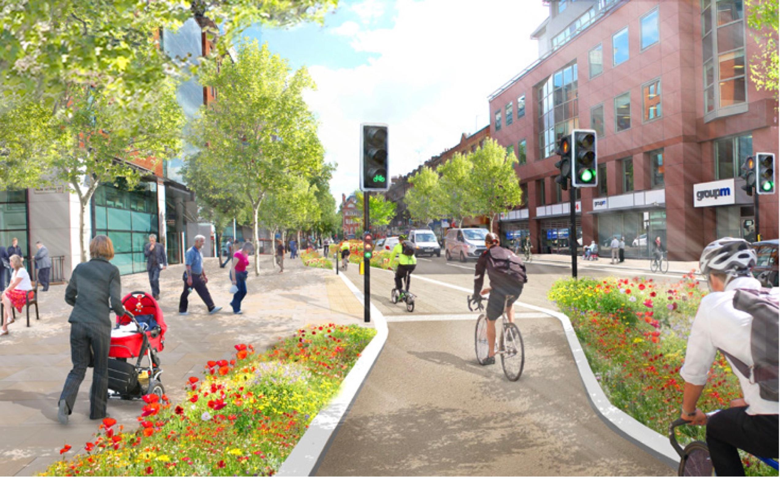 Proposed changes to Theobalds Rd including segregated cycle lanes, floating bus stops and seating and planting