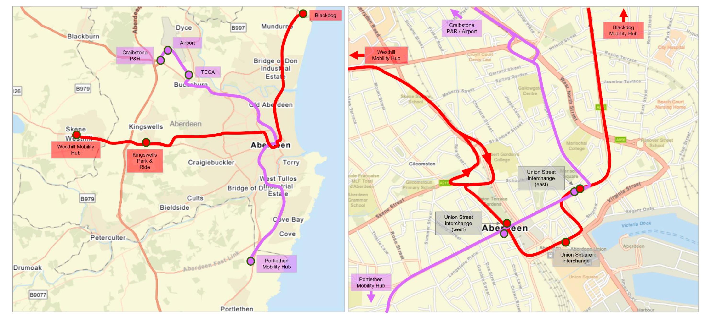 The two cross-city ART routes in Aberdeen