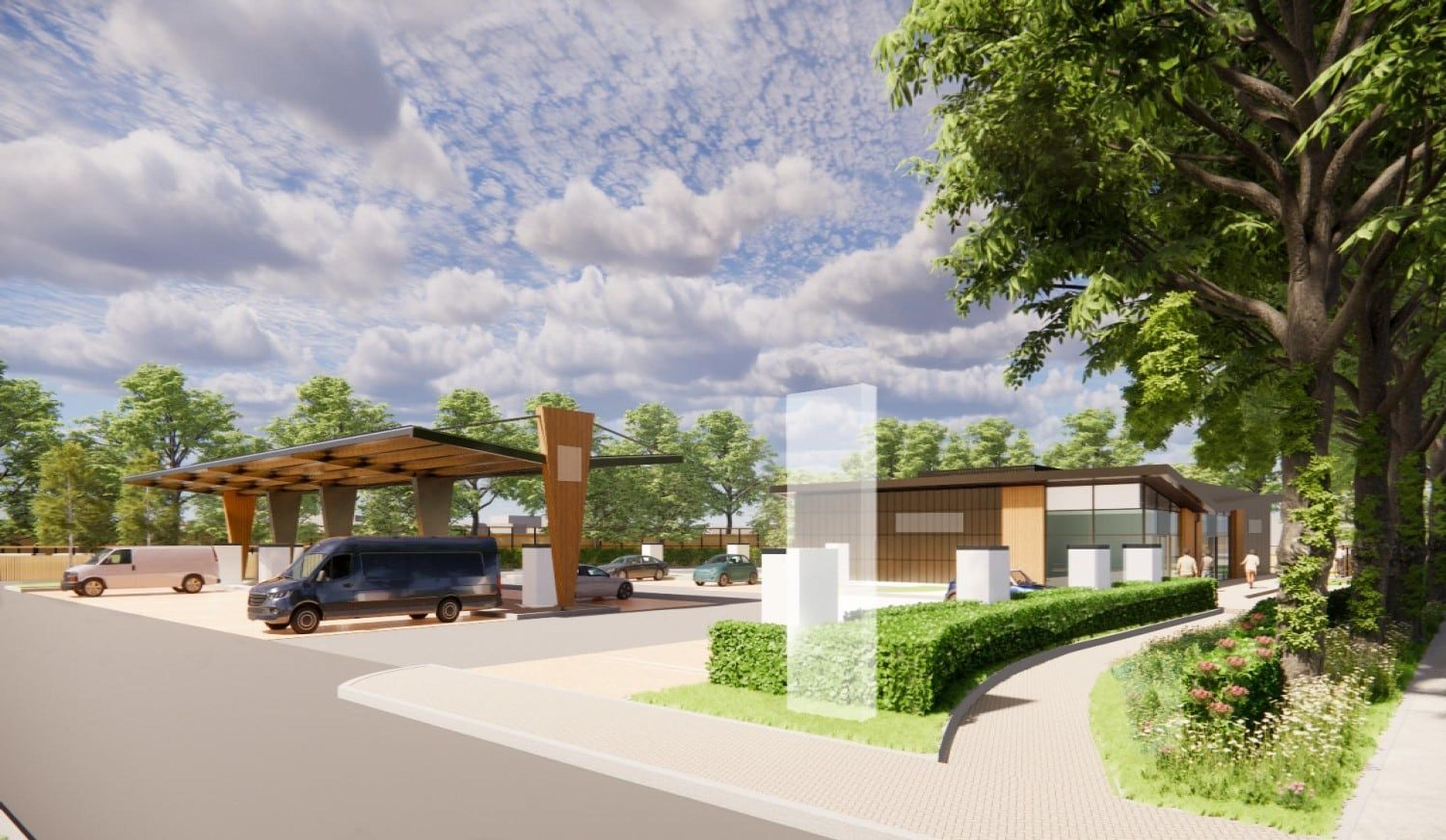 CGI of the EV Super Charging Hub at the Manor Royal business park in Crawley