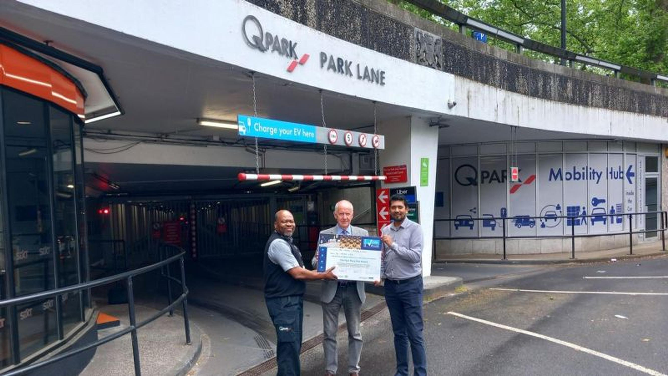 Michael Addokwei (Q-Park parking host), Antony Powell (BPA area manager) and Shahed Chowdhury (Q-Park business manager)