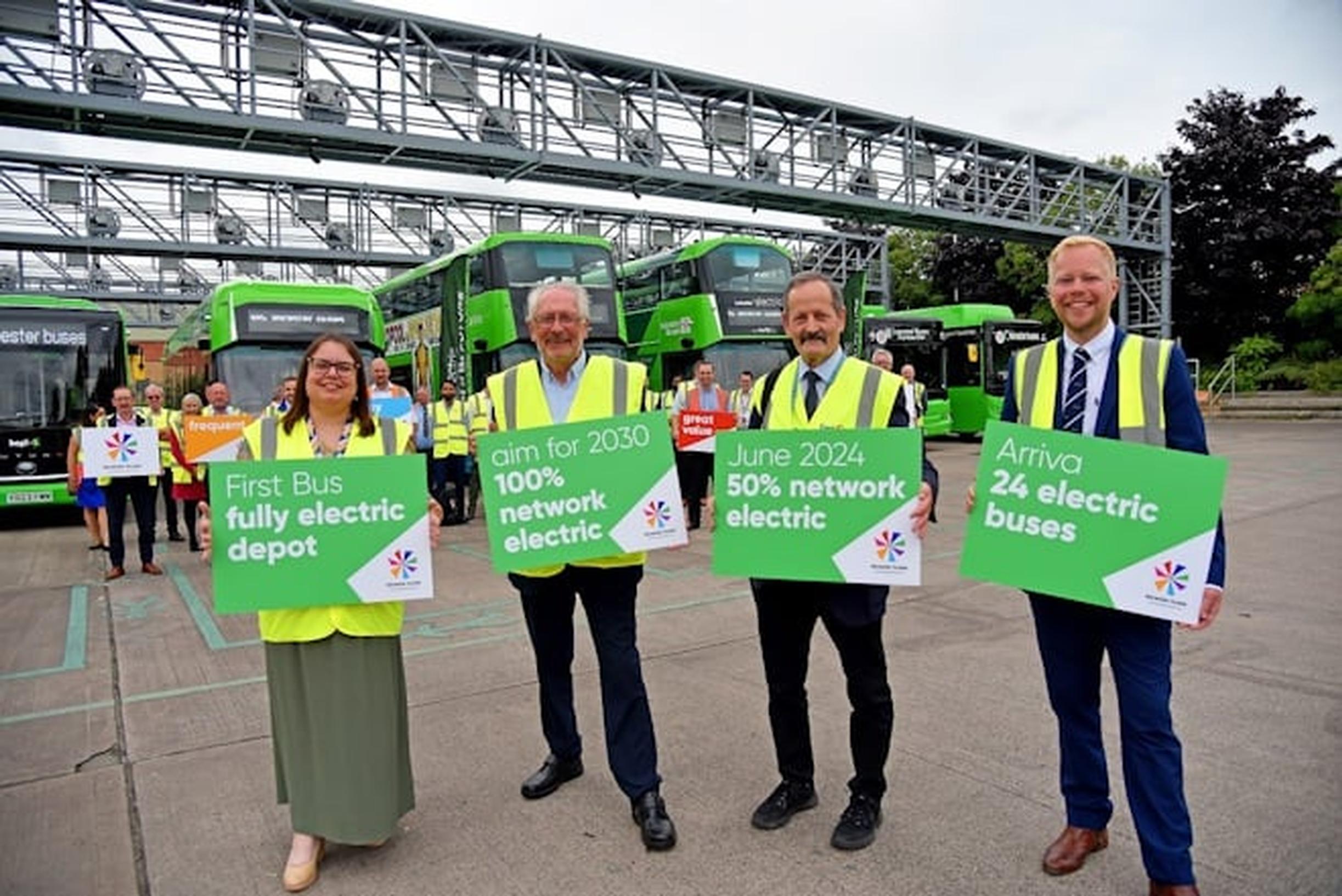 From left: Zoe Hands, managing director of FirstBus Midlands, Manchester and South Yorkshire; City Mayor Peter Soulsby; Cllr Geoff Whittle, assistant city mayor for transport and environment; and, Toby France, head of commercial (East and South Midlands) at Arriva UK Bus