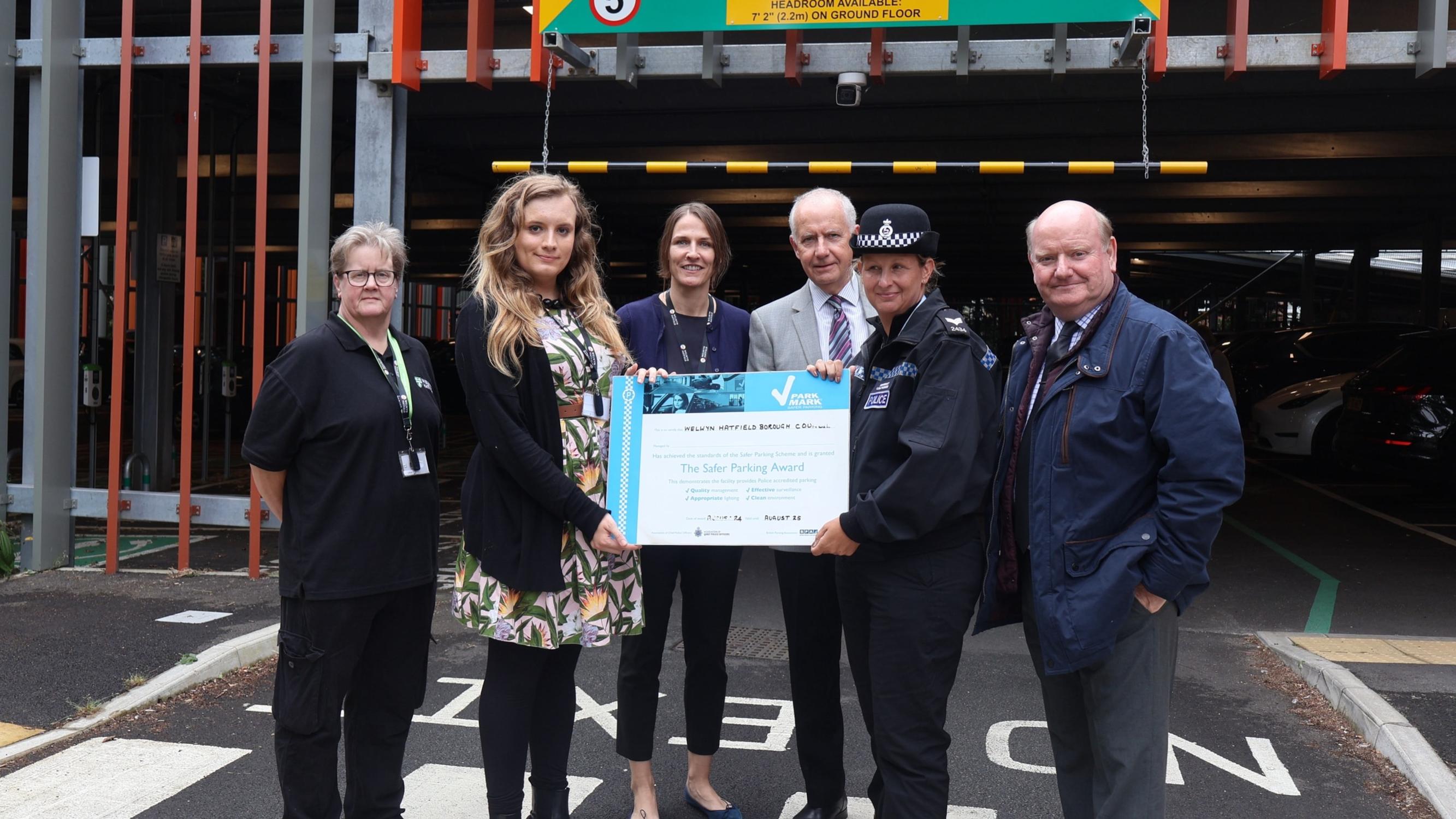 Jenny McCue (car parks officer), Cllr Sandreni Bonfante (executive member for environment), Eliska Robova (parking services manager), Antony Powell (BPA area manager), Sgt Lisa Parkin (Hertfordshire Constabulary), Gerry Brophy (principal crime prevention design advisor, Hertfordshire Constabulary)