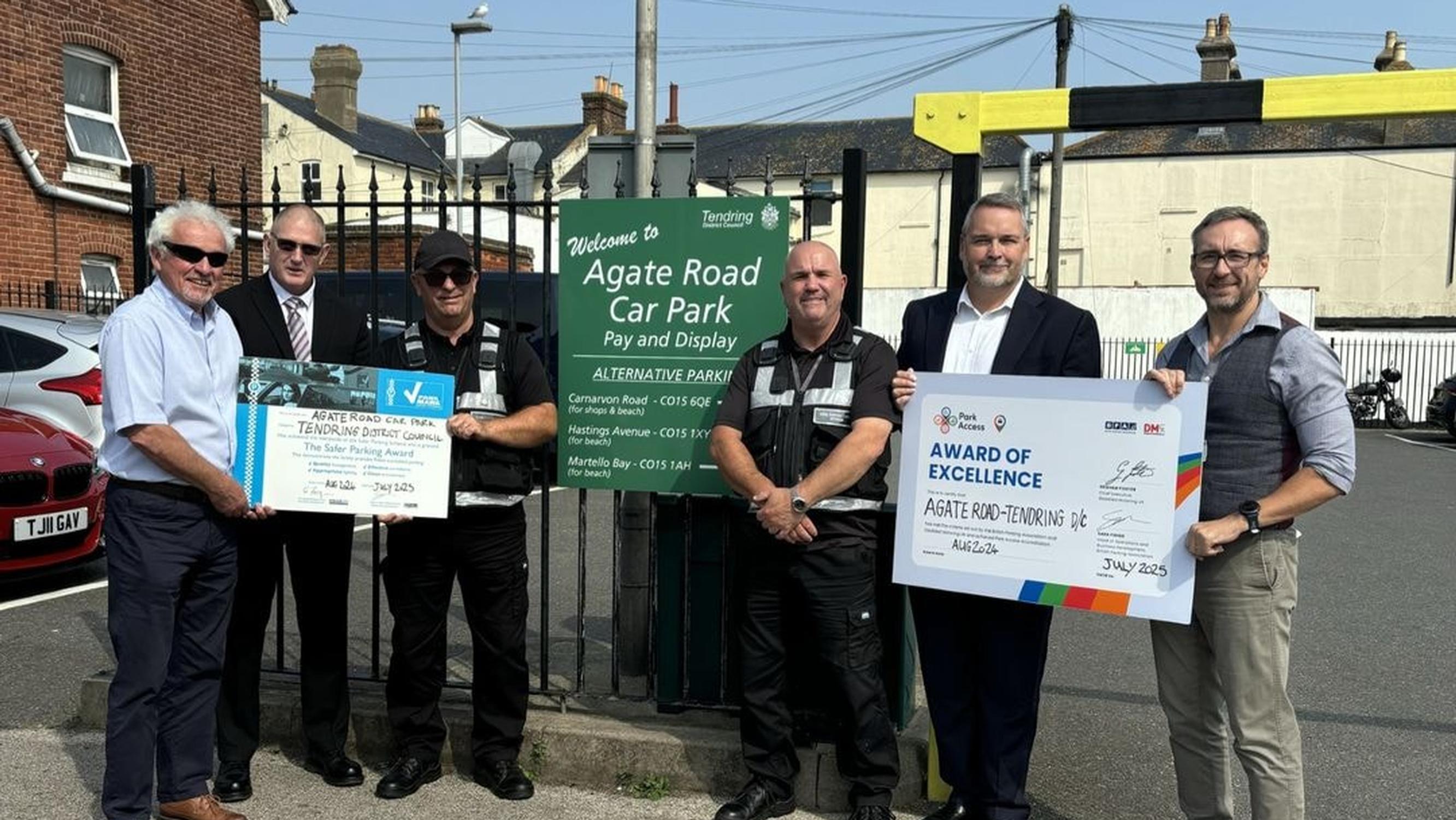 Cllr Mick Barry (cabinet member responsible for car parks), Damian Williams (corporate director of operations and delivery), Mick Simson (civil enforcement manager), George Eames (civil enforcement officer), Mark Stephenson (leader of the council) and Ian Wilson (BPA South East area manager)