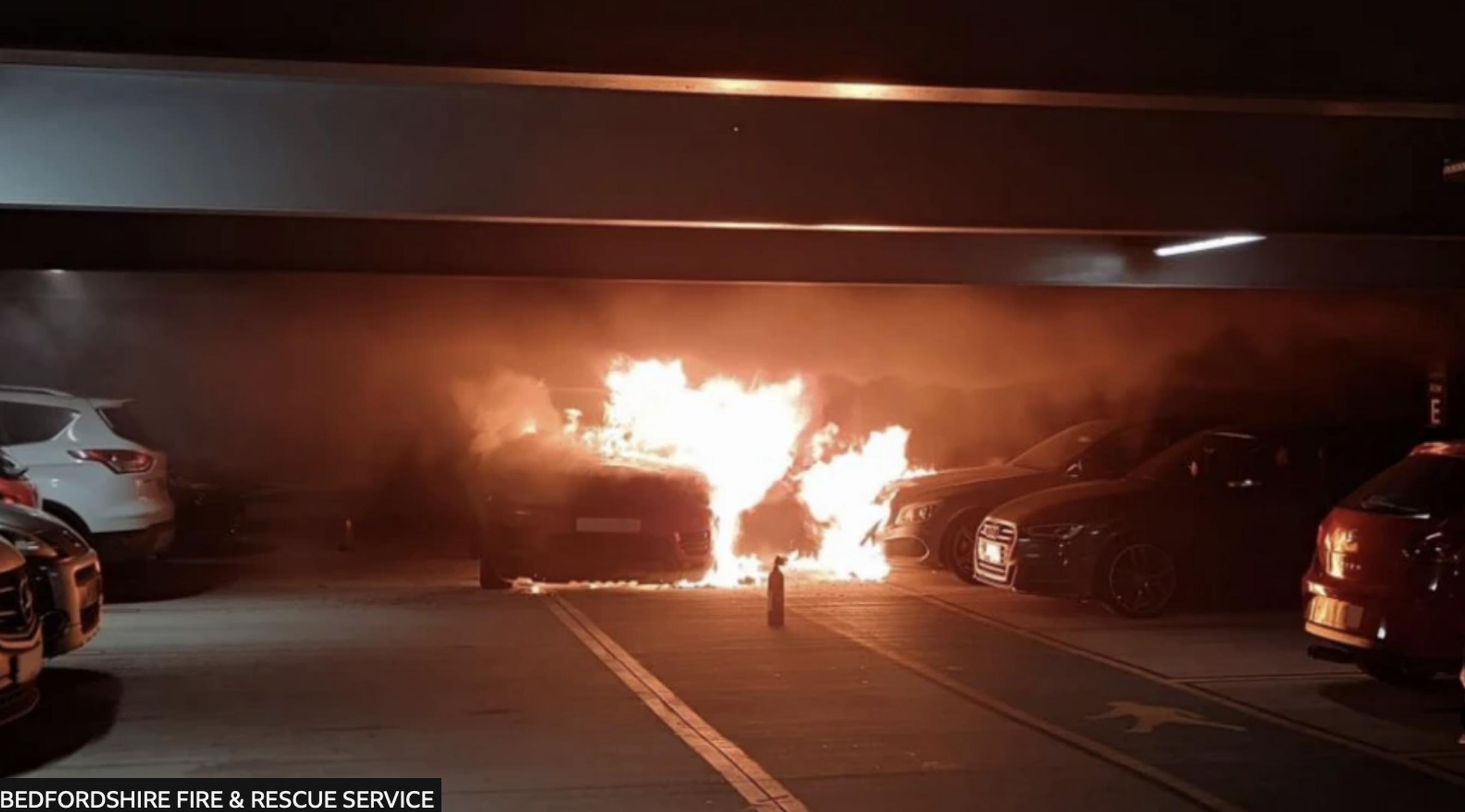 A car burns inside Luton Airport Terminal Car Park 2 (Bedfordshire FRS)