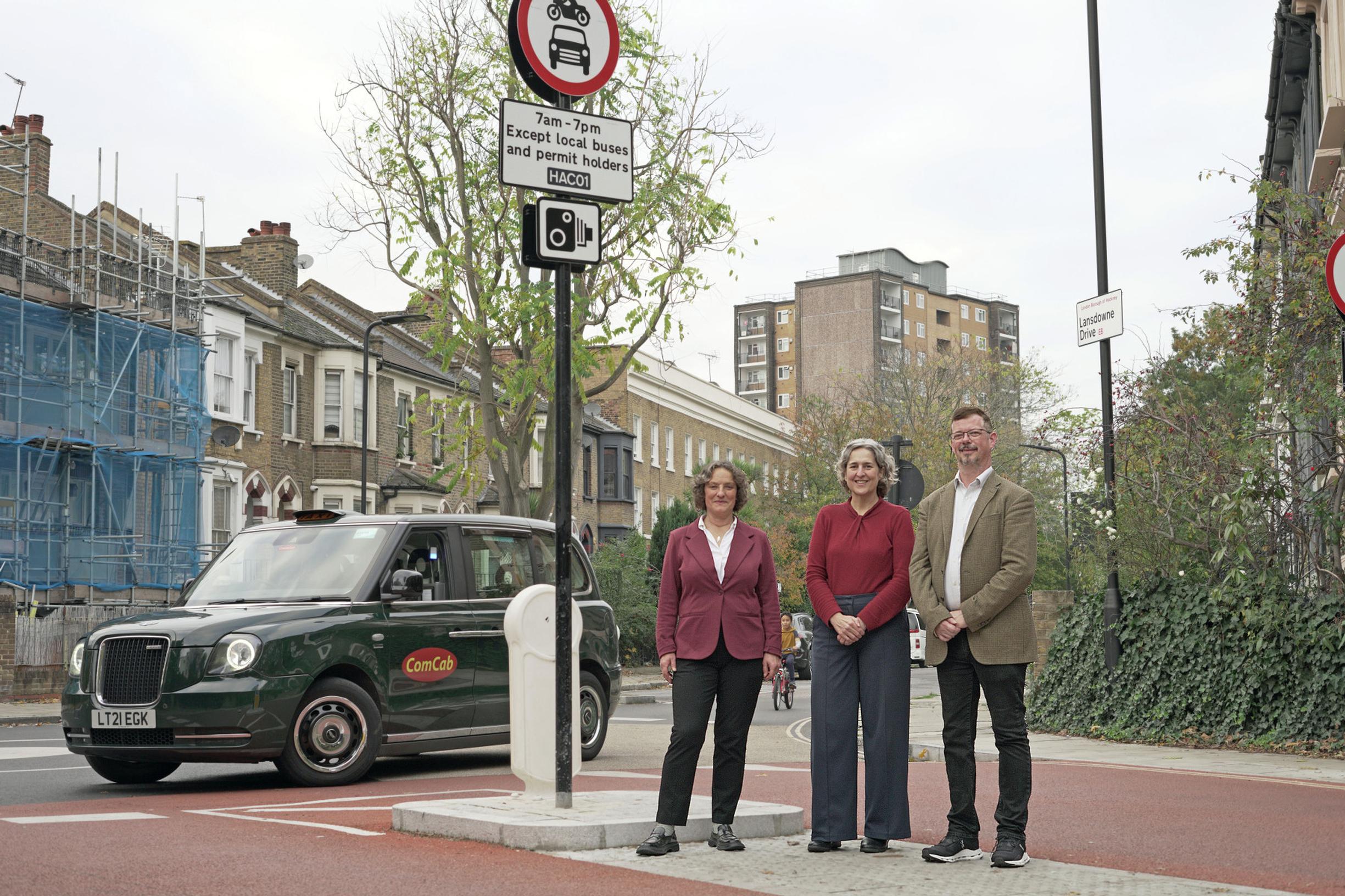 Cllr Sarah Young (cabinet member for climate change, environment and transport), Caroline Woodley (Mayor of Hackney) and Alan McDonald (Taxicard Account Manager for ComCab London)