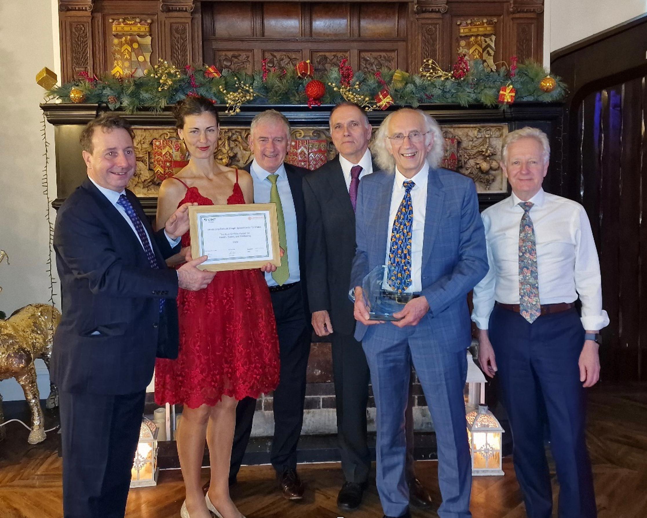 From left: Tim James, Cambrensis Ltd (award sponsor); Kaarina Ruta, WLGA; Andy Falleyn and Ian Bradfield, Welsh Government; Rod King MBE, 20`s Plenty for Us; Phil Jones, PJA Ltd