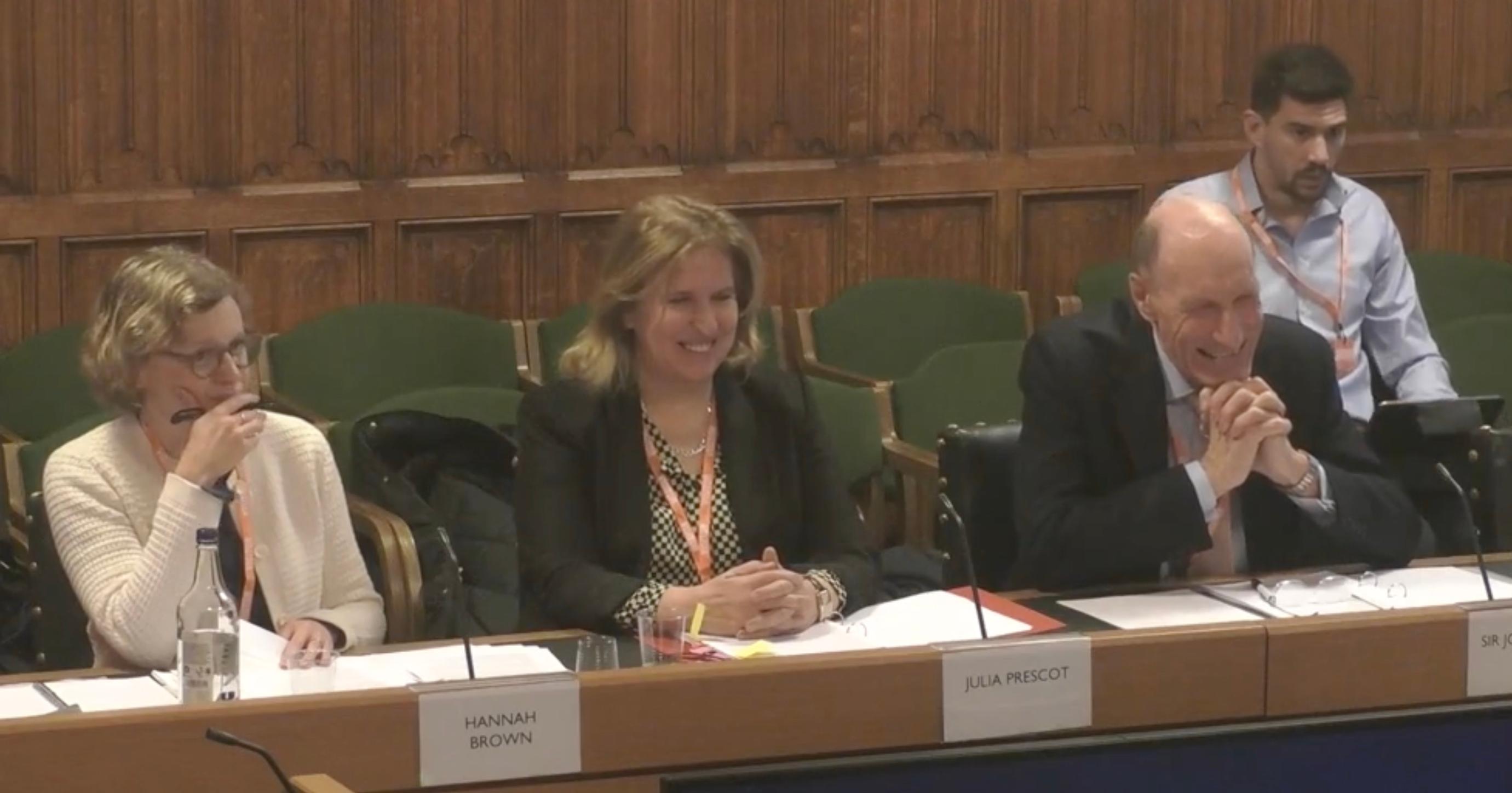 Left to right: Hannah Brown, Director of Policy at the National Infrastructure Commission (NIC), Julia Prescot, Deputy Chair, NIC, and Sir John Armitt, Chair, NIC at the Transport Select Committee meeting