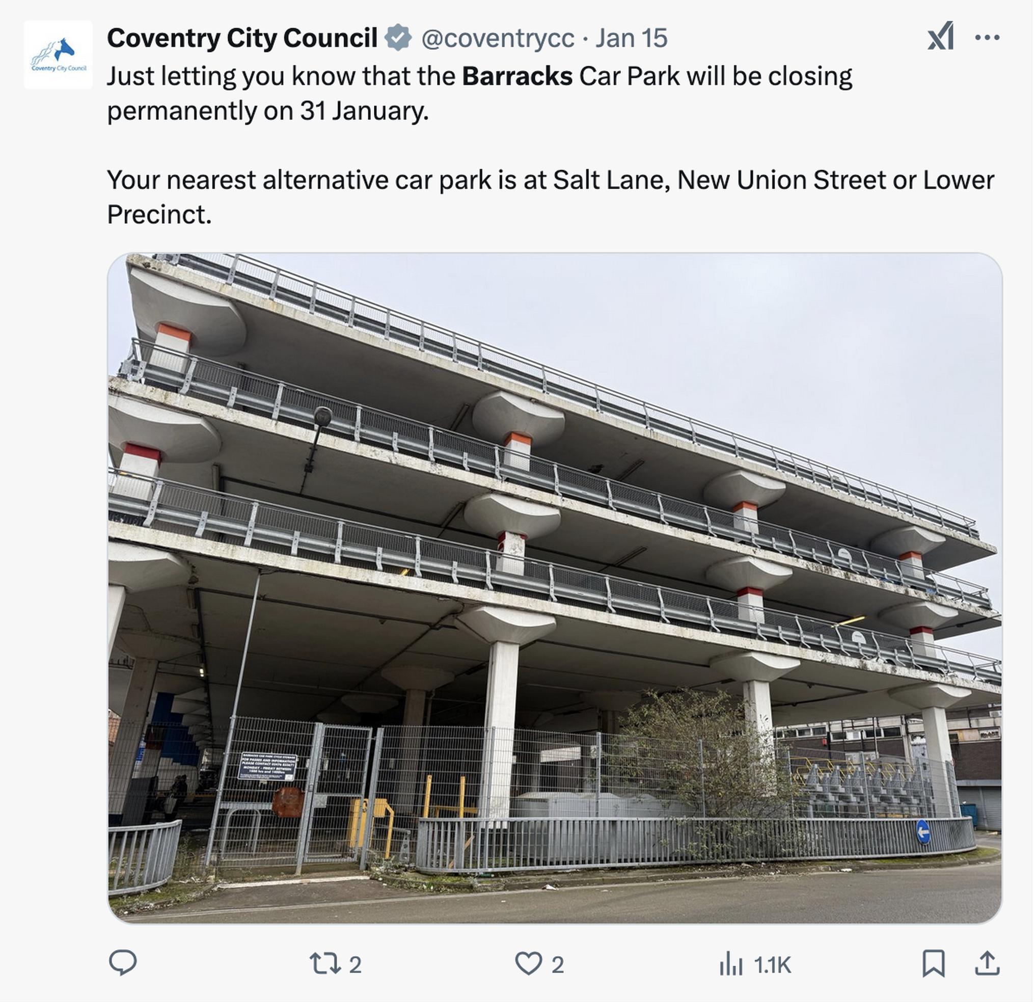 Coventry’s Barracks multi-storey car park to close for good