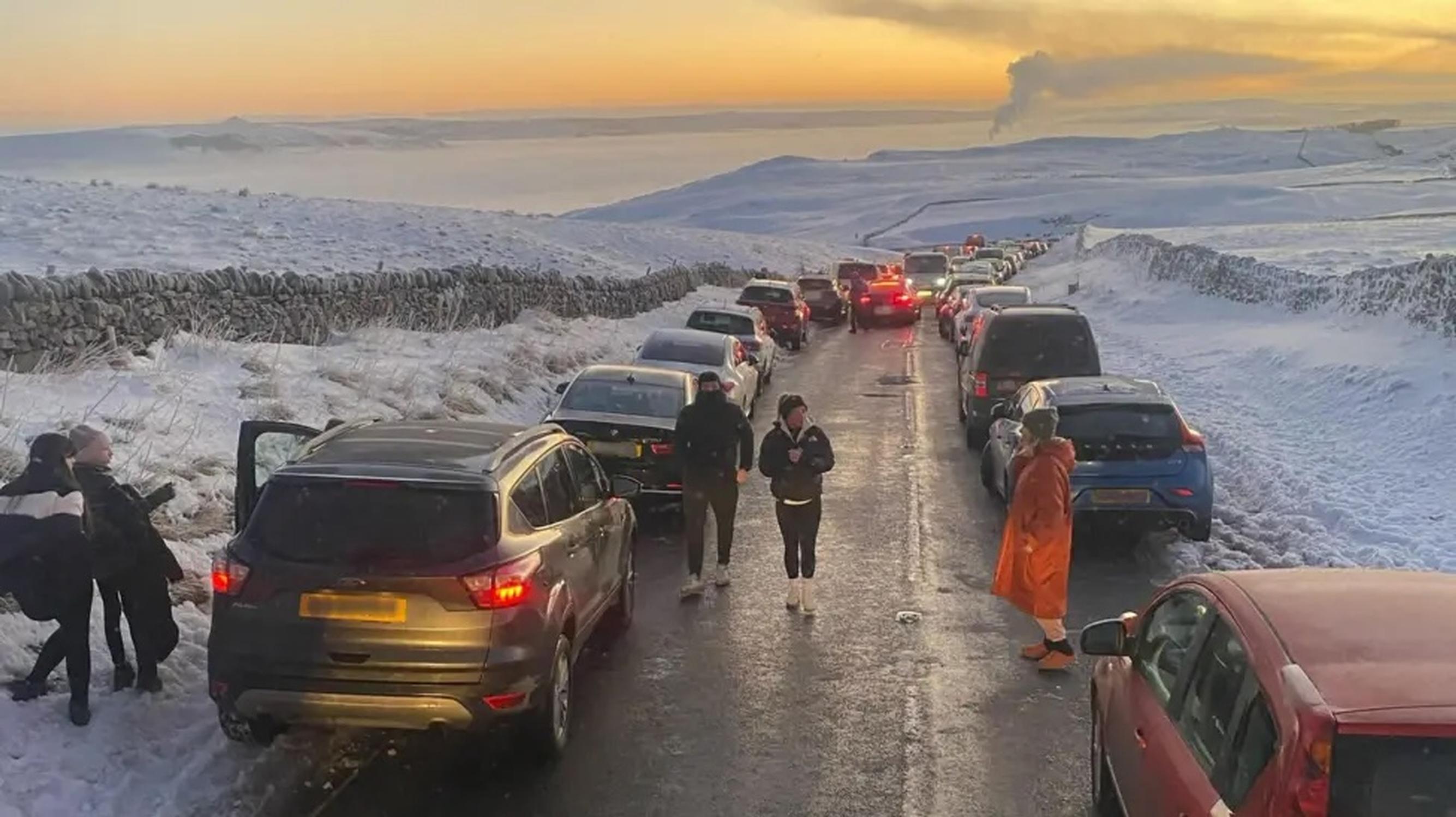 Cars blocking a road in the Peak District (Derbyshire County Council)