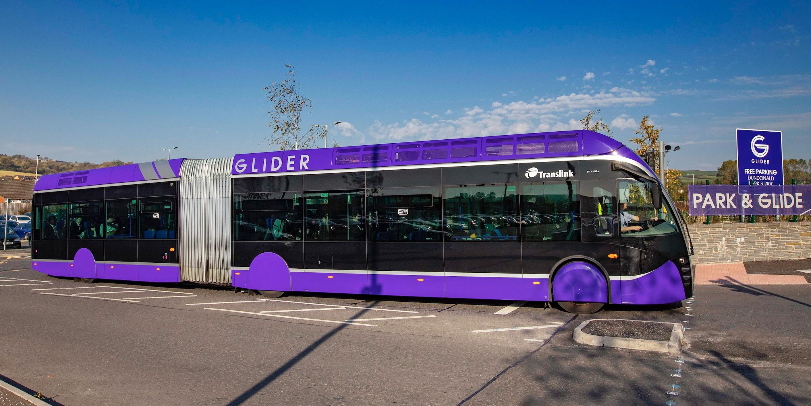 Belfast’s Glider buses comprises a fleet of purple-coloured articulated buses, which are based on a tram design