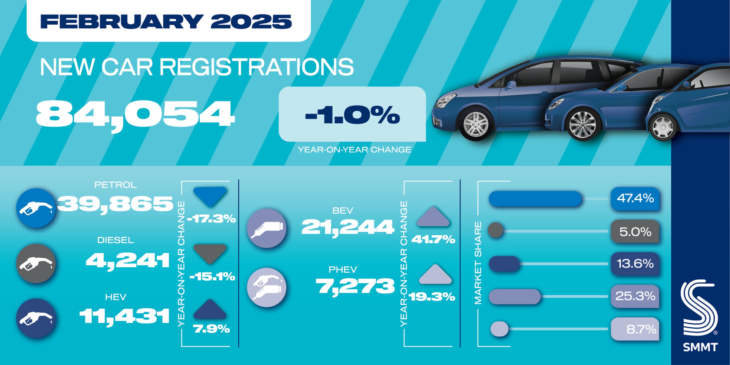 EVs account for one in four new car registrations in flat February market