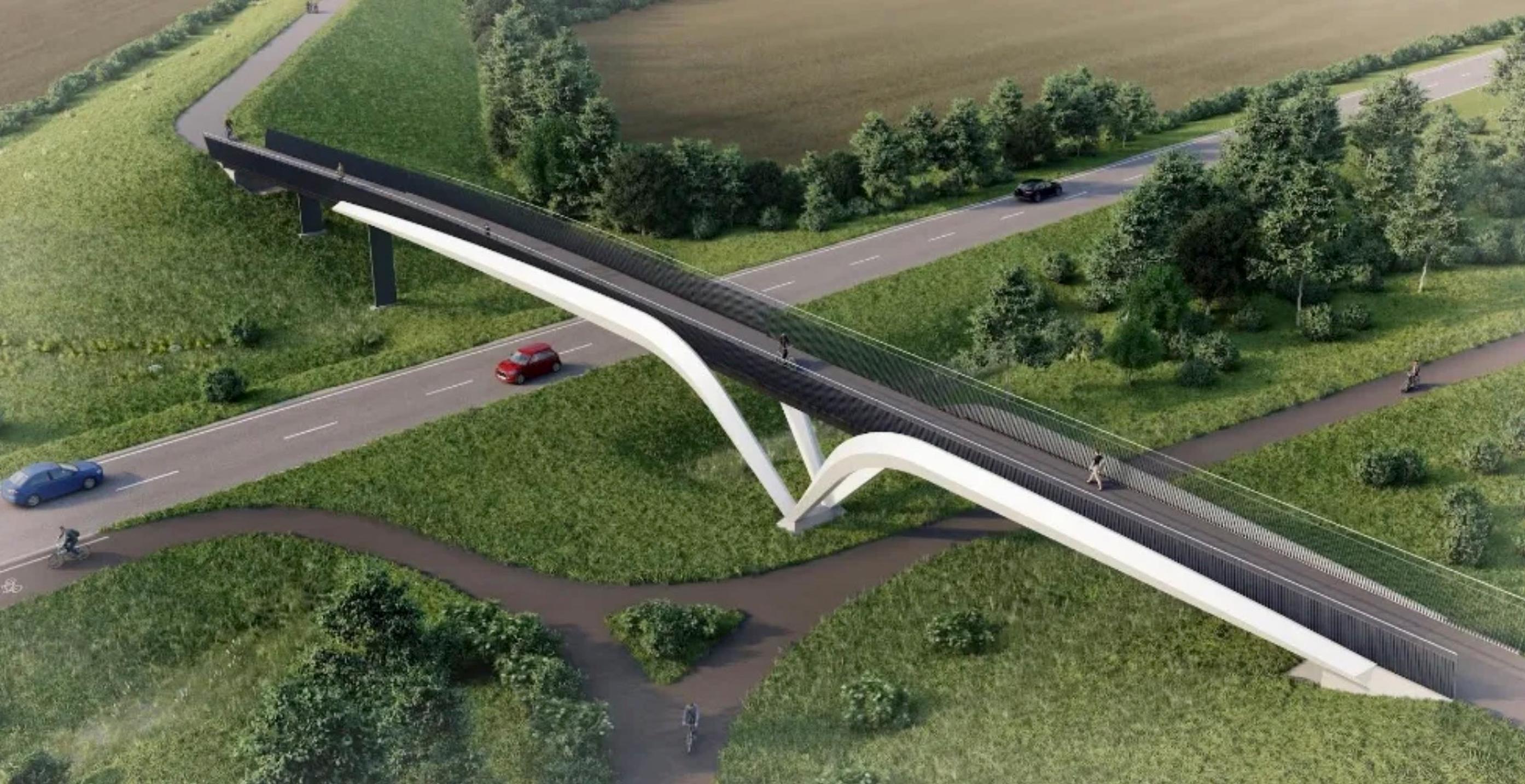 The new pedestrian, cycle and equestrian bridge will span the A10 north of Cambridge